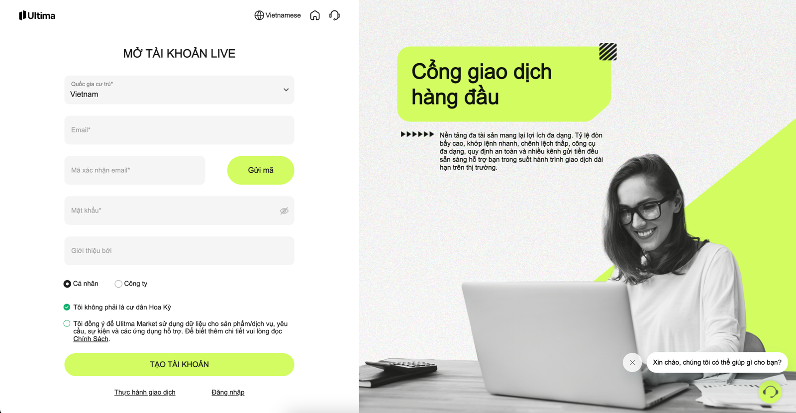 Giao diện đăng ký tài khoản cơ bản - Nguồn: Ultima Markets