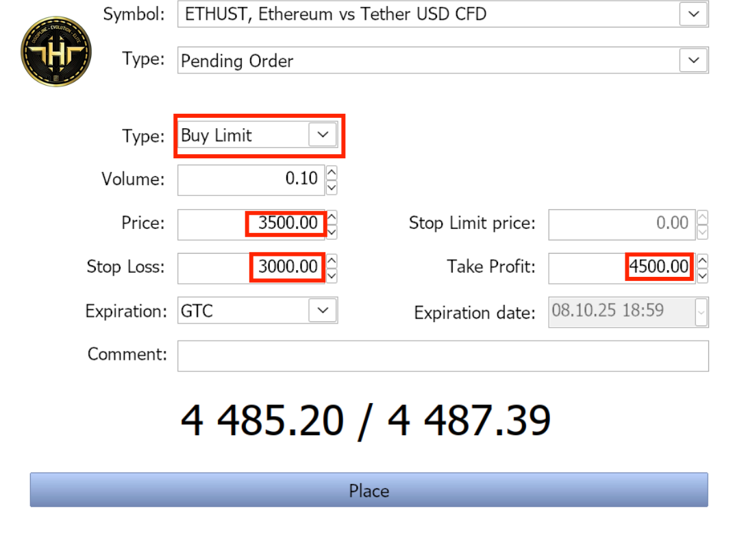 Ví dụ minh hoạ về cách đặt lệnh limit, chốt lời và dừng lỗ trên MT5