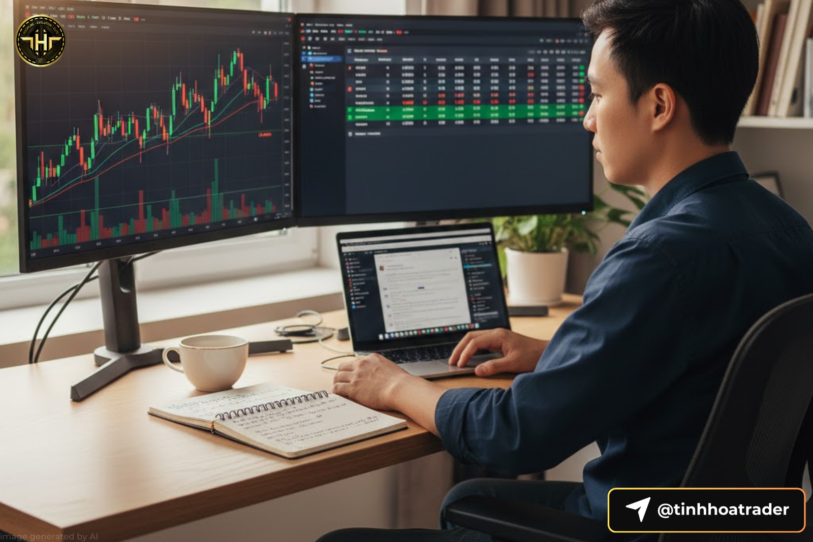Trader trẻ làm việc tại nhà với nhiều màn hình giao dịch