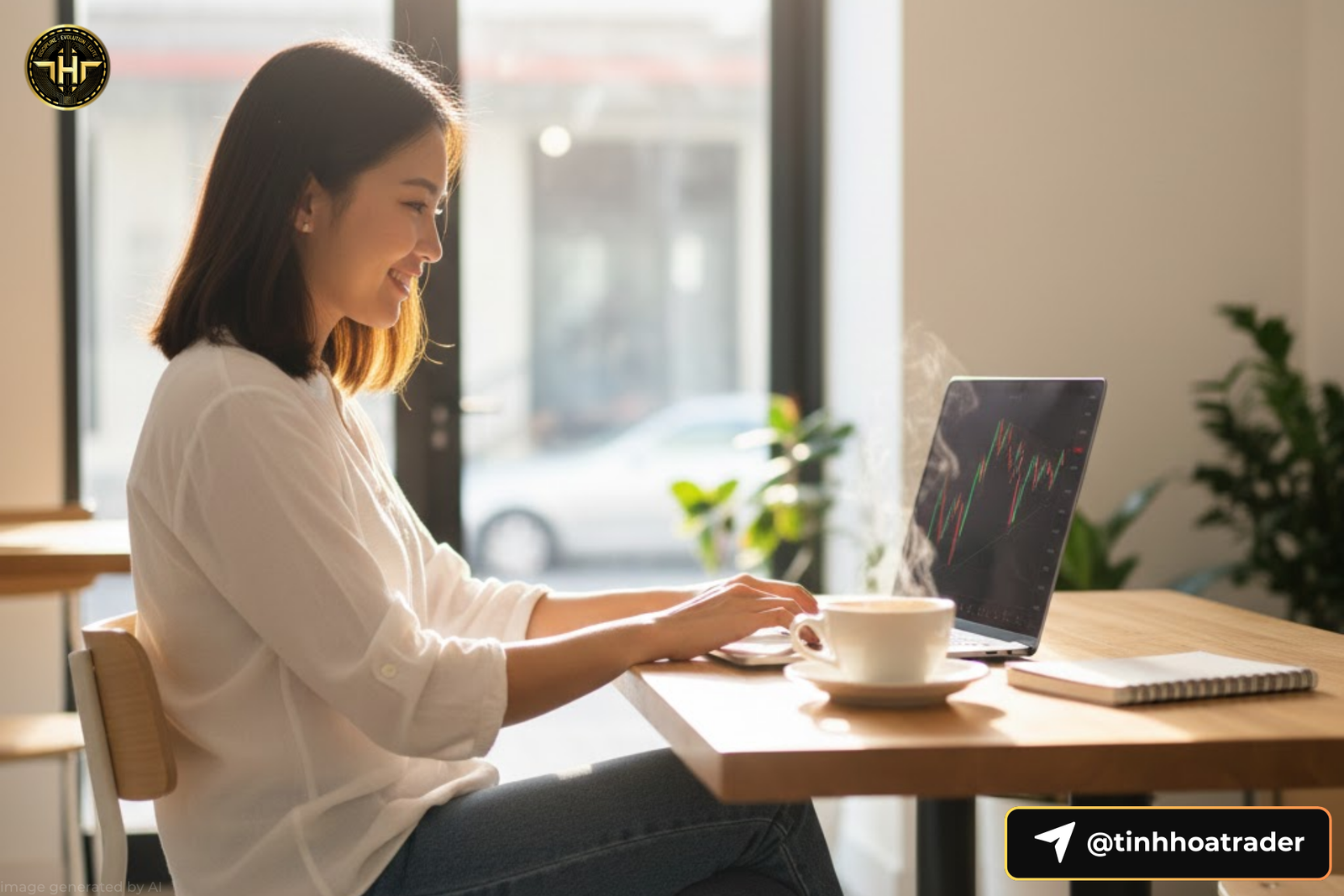 Trader làm việc thoải mái với laptop trong quán cafe