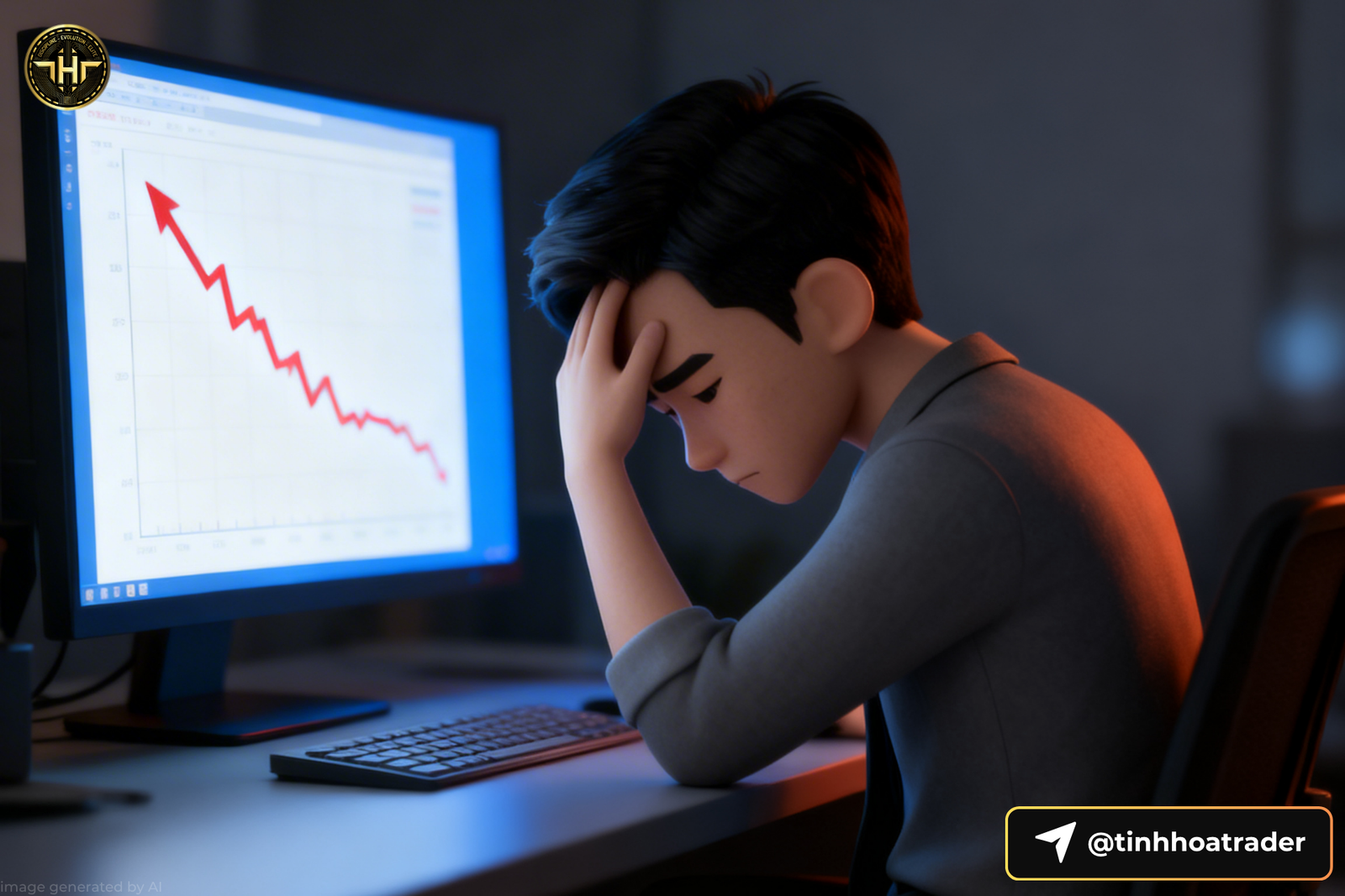 trader căng thẳng khi nhìn biểu đồ thua lỗ giảm mạnh trên màn hình