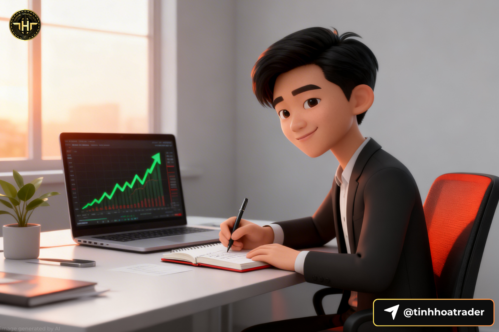 trader tự tin ghi chép nhật ký giao dịch với biểu đồ tăng trưởng xanh trên màn hình