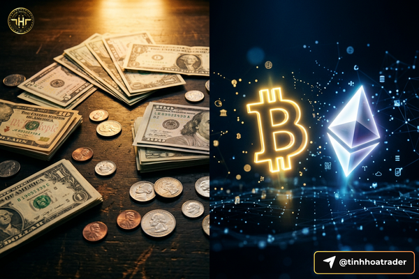 Hình ảnh đối lập: đồng tiền quốc gia và Bitcoin đặt cạnh nhau