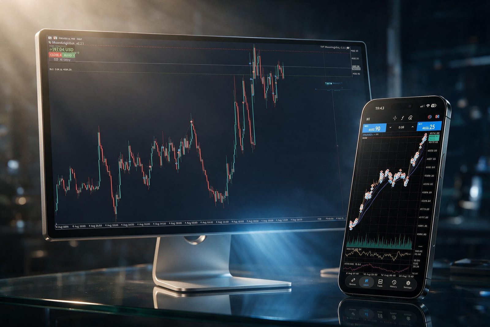 Chart giao dịch thực tế THT MoonKnight trên MT5, XAUUSD khung M5